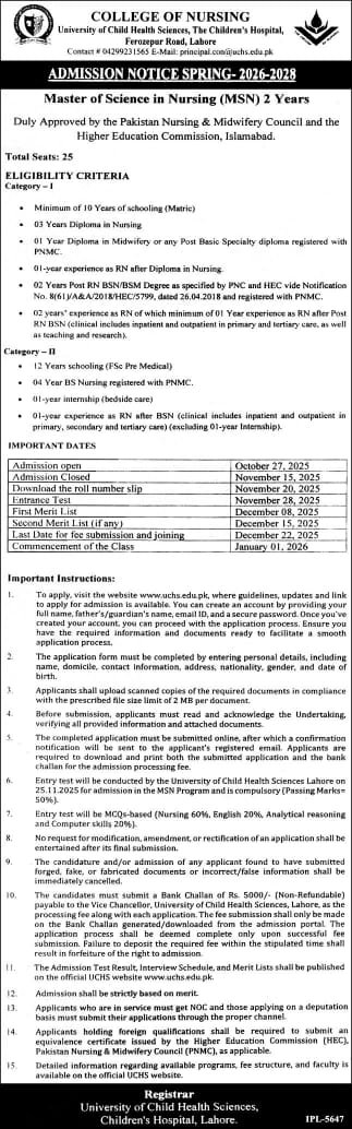 Admission Open in University of Child of Health Sciences2025 – University of Child Health Sciences, Lahore Admissions 2025 — original advertisement