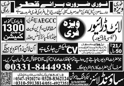 Light Driver & Taxi Driver Jobs 2025 In Qatar – Sound Lines Recruiting Promotion Jobs 2025 — original advertisement