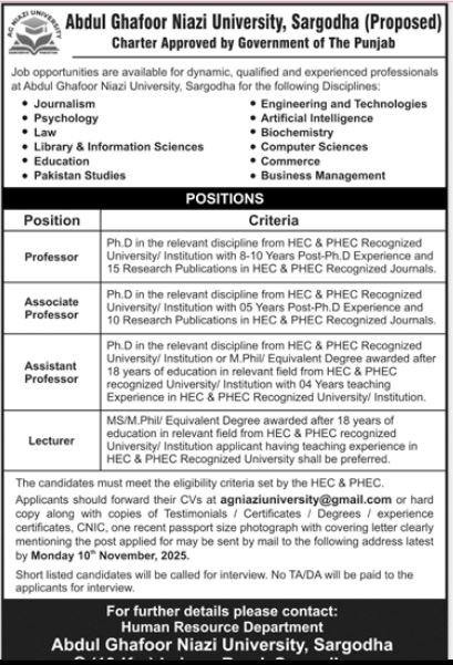 Abdul Ghafoor Niazi Univerisy Sargodha Jobs 2025 – Govt of Punjab Jobs 2025 — original advertisement