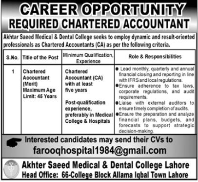 Akhtar Saeed Medical & Dental College Lahore Jobs 2025 – Akhtar Saeed Medical And Dental College Jobs 2025 — original advertisement