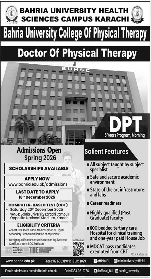 Admission Open in Bahria University Health Sciences Karachi Admissions 2025 — original advertisement