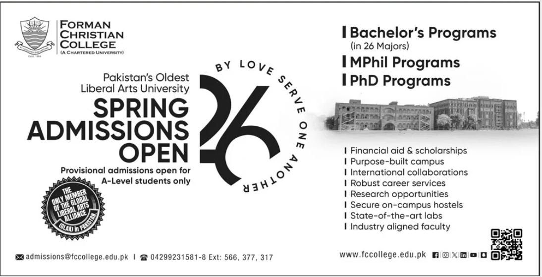 Admission Open in Forman Christian College Lahore 2025 Admissions 2025 — original advertisement