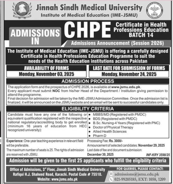Admission Open in Jinnah Sindh Medical University 2025 – Jinnah Sindh Medical University Karachi Admissions 2025 — original advertisement