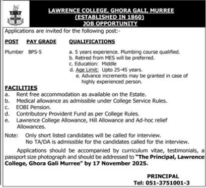 Lawrence College Ghora Gali Murree Jobs 2025 Jobs 2025 — original advertisement