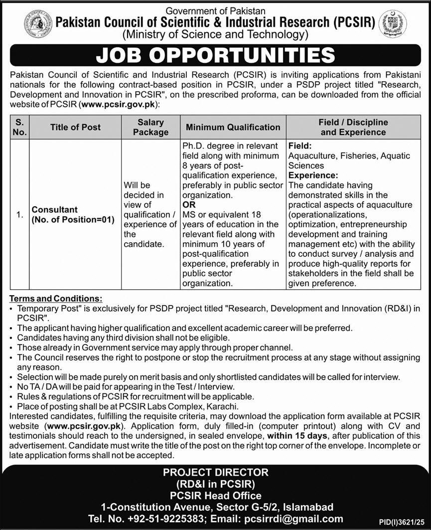 Pakistan Councial of Scientific & Industrial Research Jobs – Pakistan Council of Scientific and Industrial Research Jobs 2025 — original advertisement