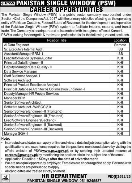 Pakistan Single Window psw Jobs 2025 Jobs 2025 — original advertisement