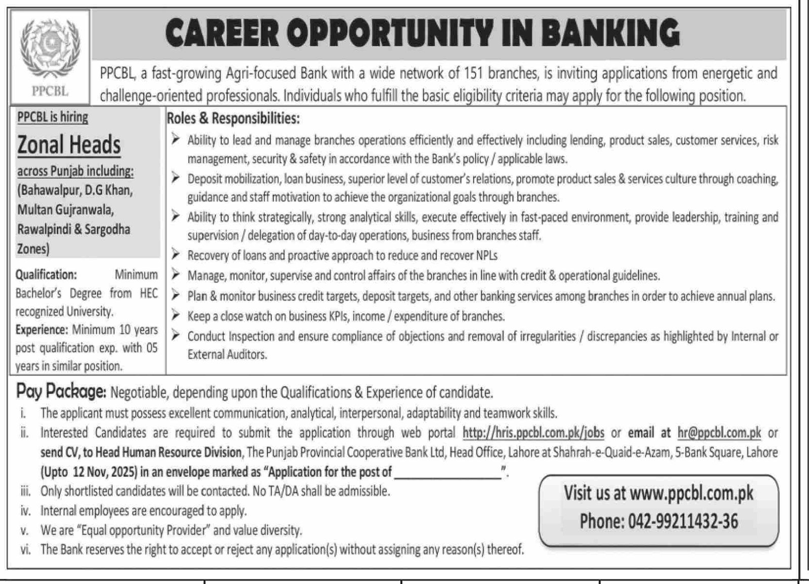The Punjab Provincial Cooperative Bank Ltd Jobs 2025 – Punjab Cooperative Board for Liquidation (PCBL) Jobs 2025 — original advertisement