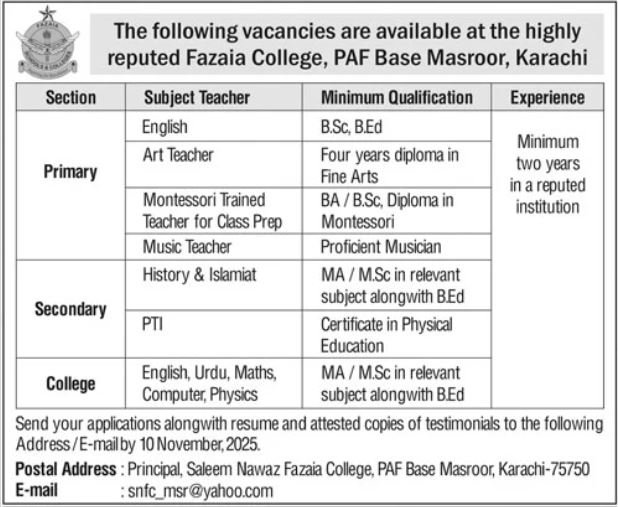 Fazaia College Karachi Jobs 2025 – Fazaia Schools & Colleges Jobs 2025 — original advertisement