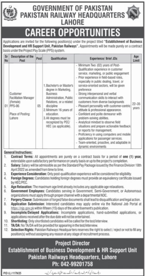 Pakistan Railways Headquarters Lahore Job 2025 – Ministry of Railways Islamabad Jobs 2025 — original advertisement