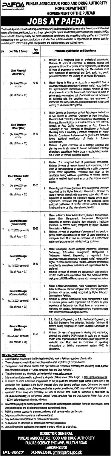 Punjab Agriculture Food And Drug Authority Jobs 2025 – Home Department Punjab Jobs 2025 — original advertisement