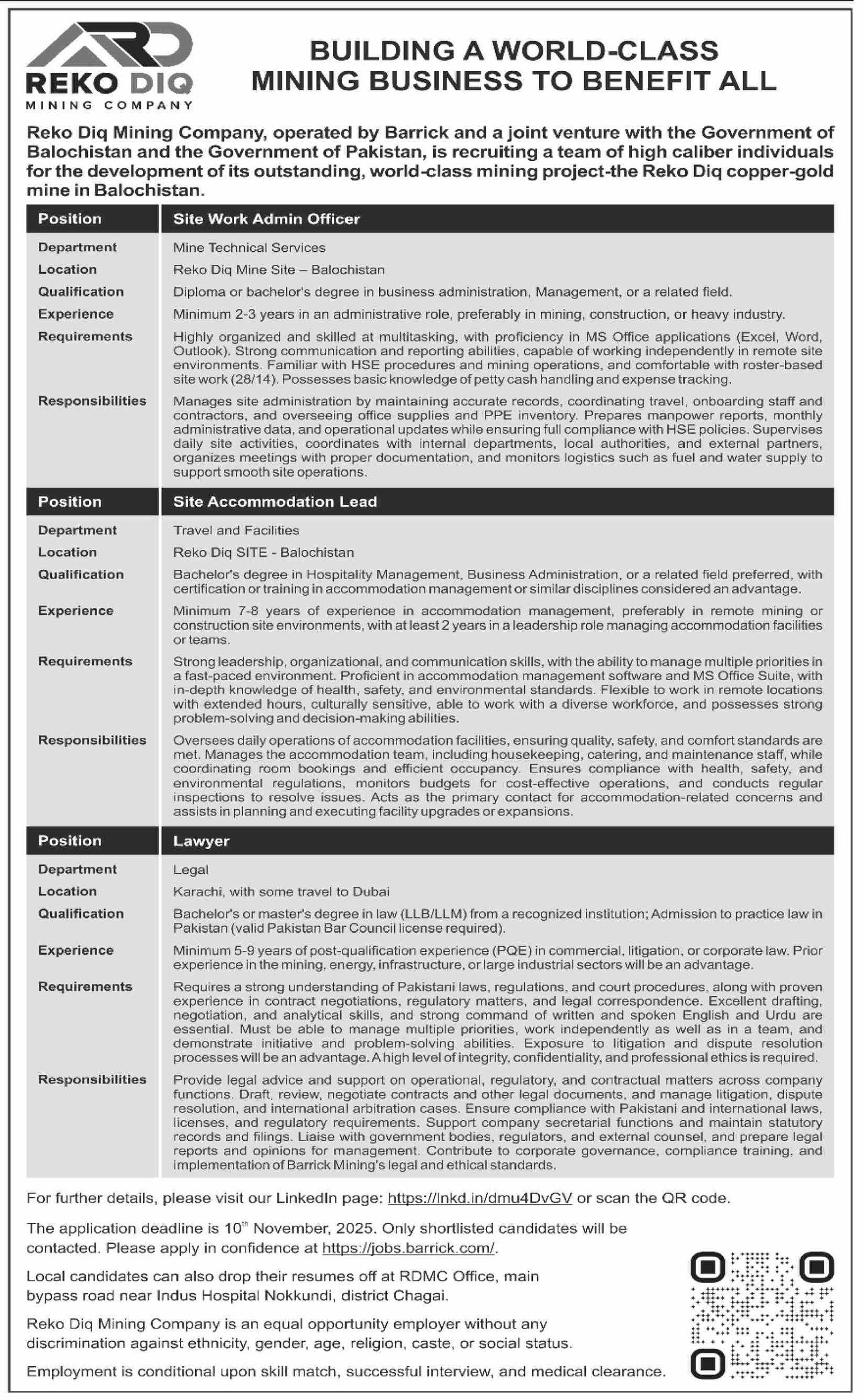 Reko Diq Mining Company Balochistan Jobs 2025 – Barrick Pakistan Jobs 2025 — original advertisement