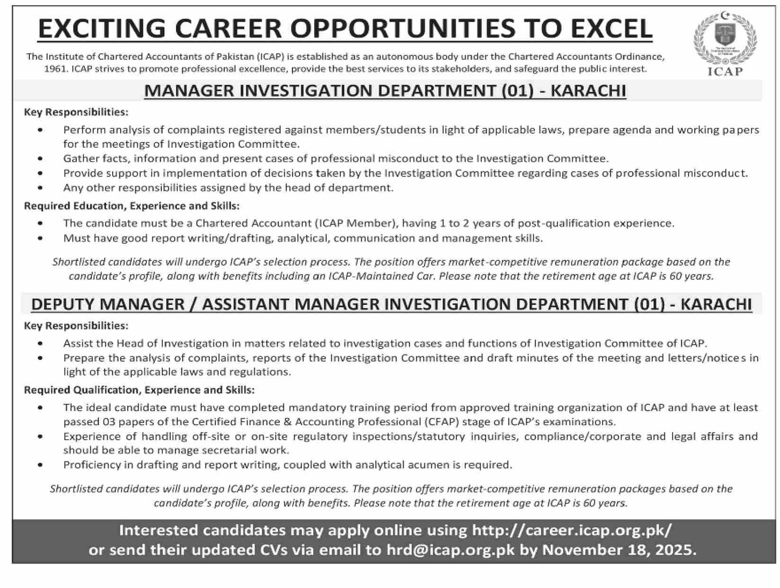 Institute Of Chartered Accountants Of Pakistan Karachi Jobs – Public Sector Organization Jobs 2025 — original advertisement