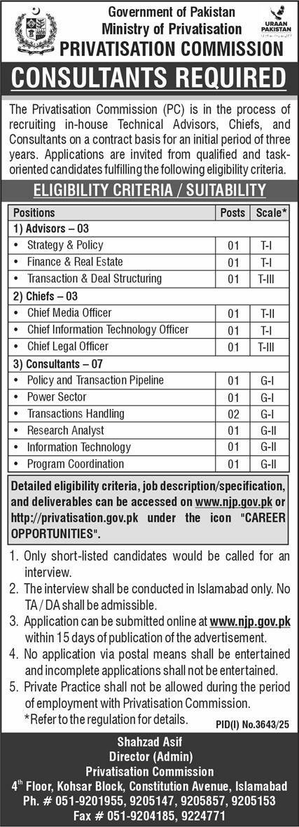 Privatisation Commission Islamabad Jobs 2025 – Ministry of Privatization Pakistan Jobs 2025 — original advertisement