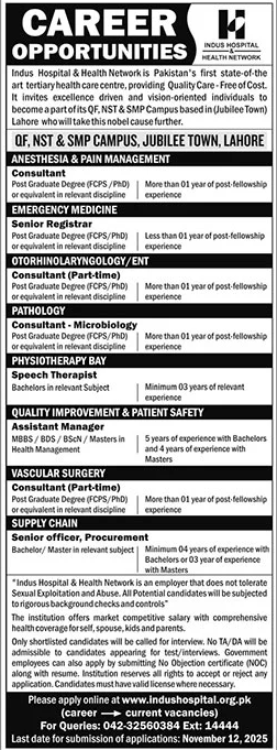 Indus Hospital & Health Network Lahore Jobs 2025 Jobs 2025 — original advertisement