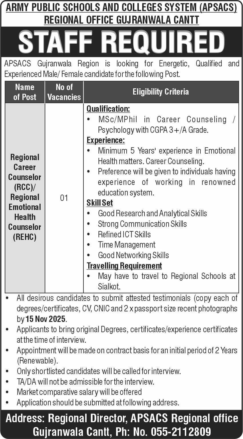 Army Public School And College System Gujranwala Cantt Job – Army Public School & College Paksitan Jobs 2025 — original advertisement