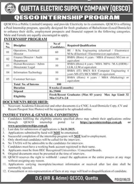 Quetta Electric Supply Company QESCO Internship Program 2025 Jobs 2025 — original advertisement
