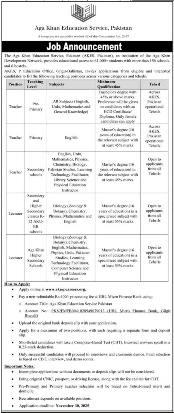 Aga Khan Education Services Gilgit Jobs 2025 – Aga Khan Education Service Pakistan Jobs 2025 — original advertisement