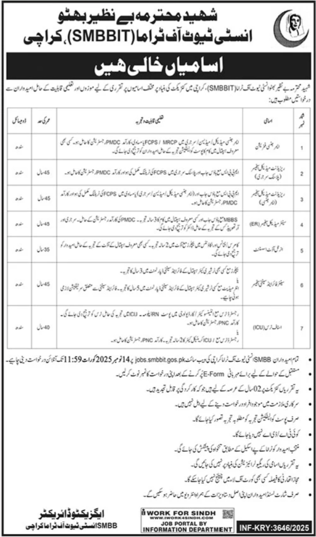 Shaheed Mohtarma Benazir Bhutto Institute Of Trauma Jobs Jobs 2025 — original advertisement