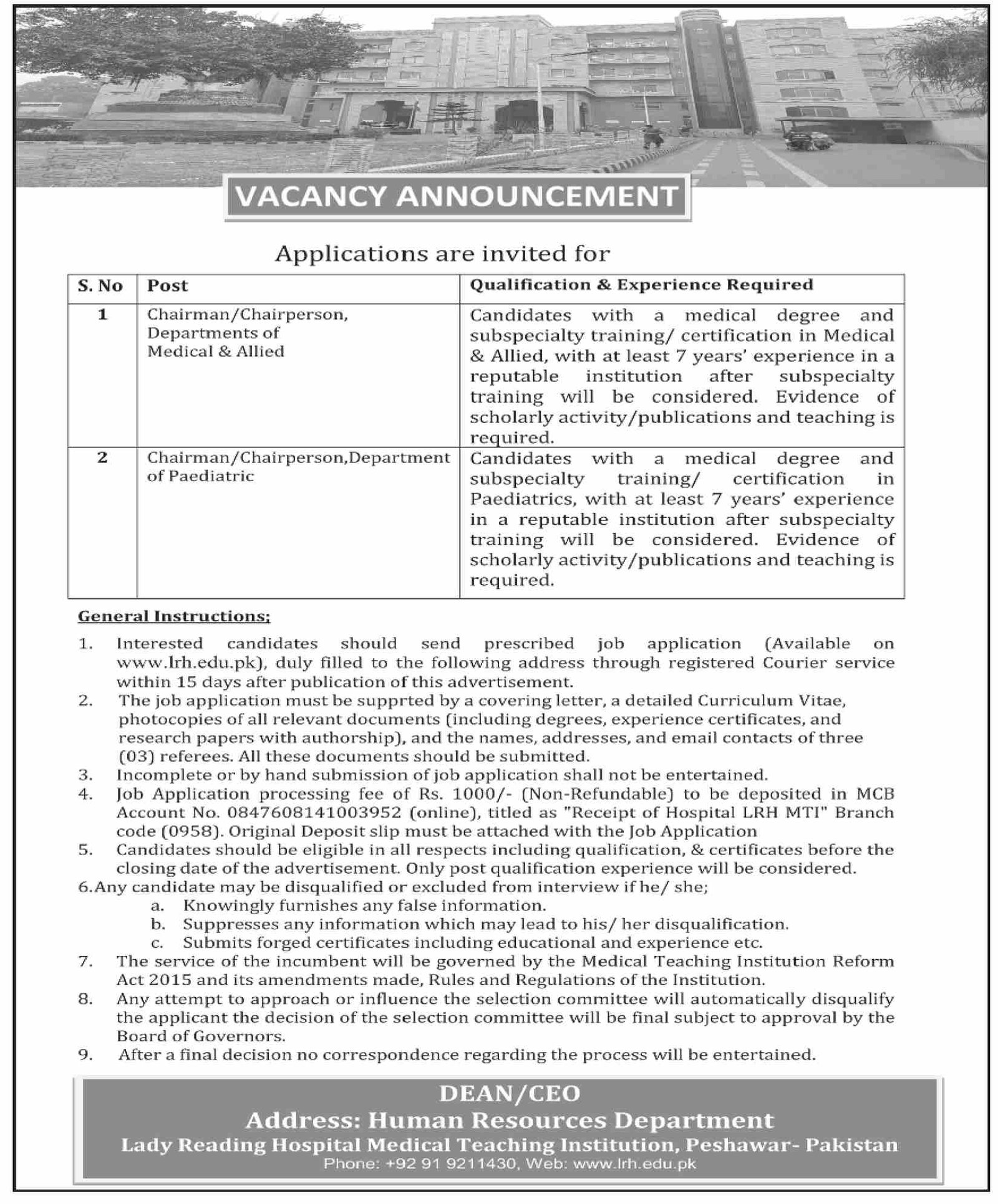 Lady Reading Hospital Peshawar Jobs 2025 Jobs 2025 — original advertisement