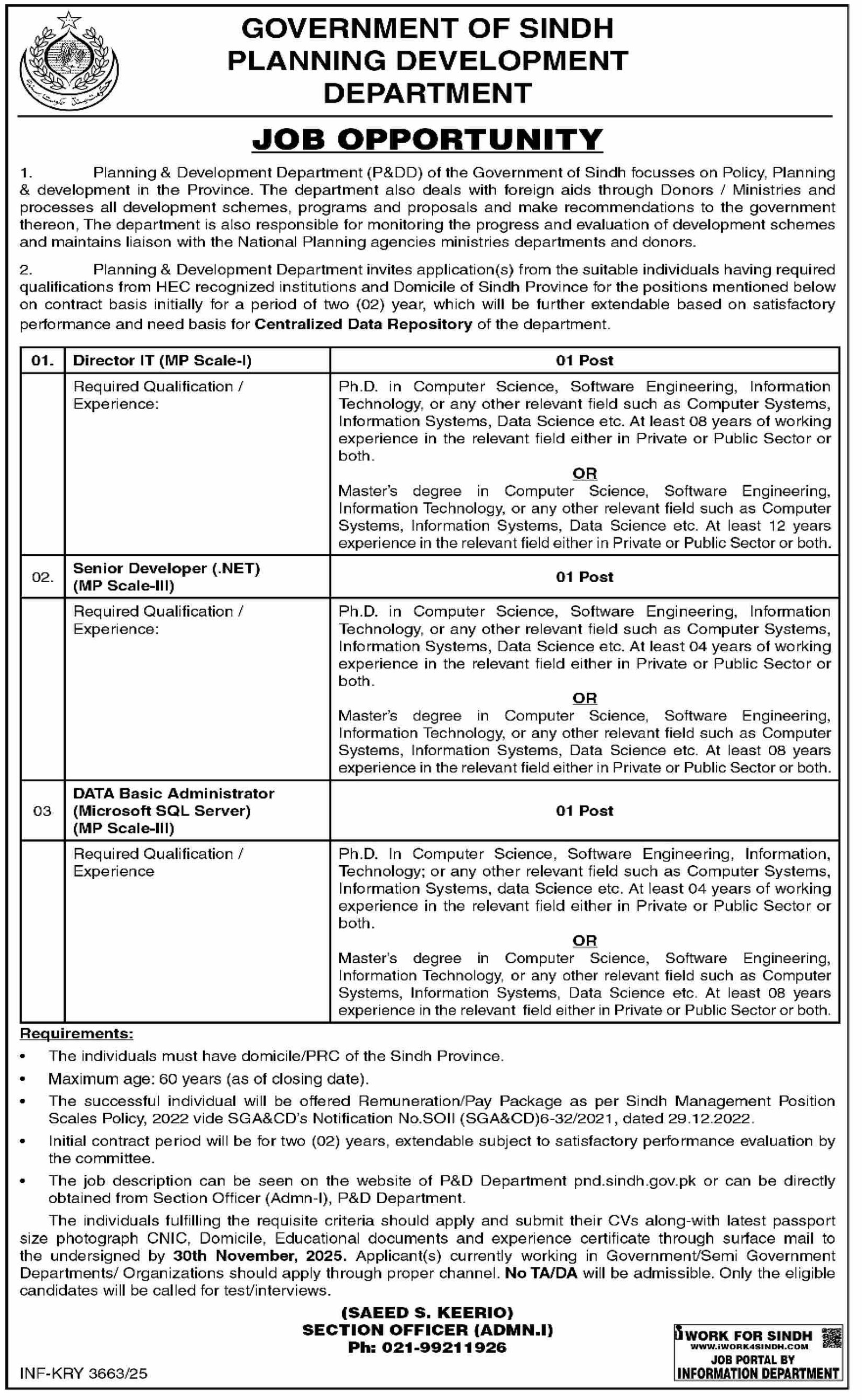 Planning & Development Department Karachi Jobs 2025 – Planning & Development Department Sindh Jobs 2025 — original advertisement