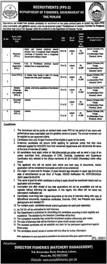 Department Of Fisheries Lahore JObs 2025 – Forest Wildlife & Fishries Department Punjab Jobs 2025 — original advertisement