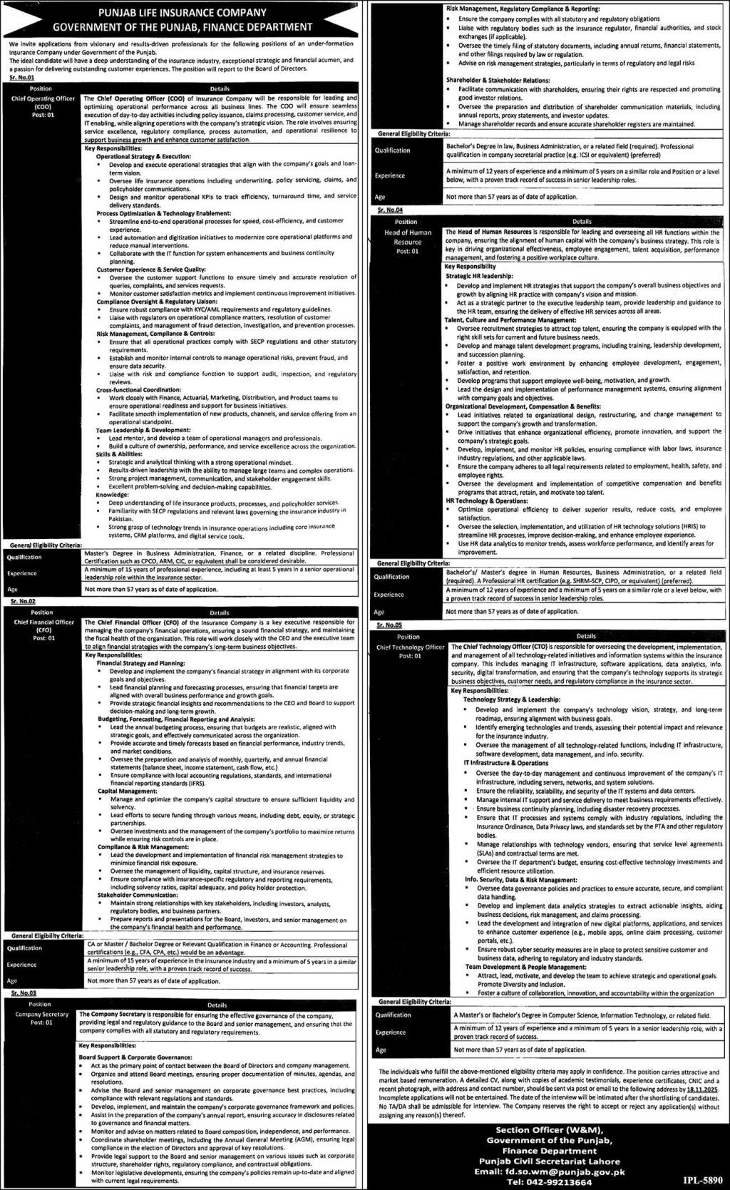 Finance Department Jobs 2025 For Chief Financial Officer – Finance Department Punjab Jobs 2025 — original advertisement
