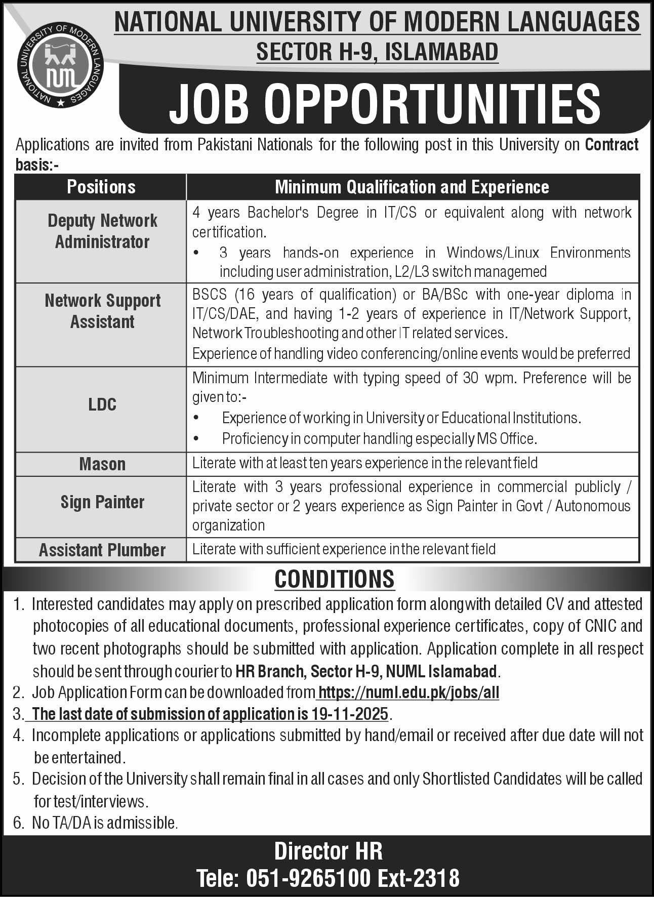 National University Of Modern Languages NUML Islamabad Jobs – National University of Modern Languages Islamabad Jobs 2025 — original advertisement