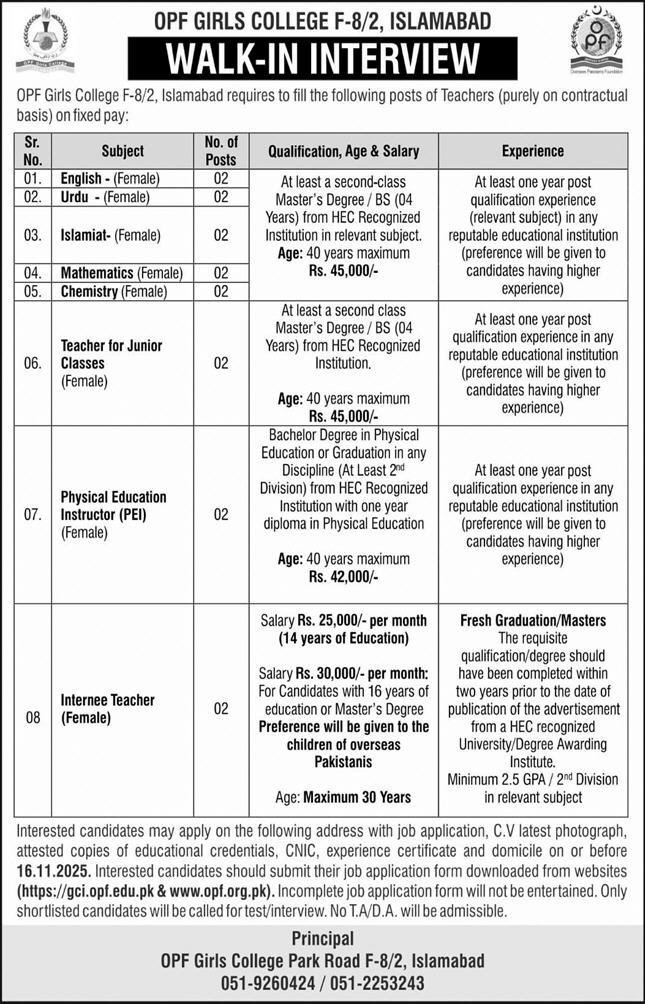 Opf Girls College Islamabad Jobs 2025 Jobs 2025 — original advertisement