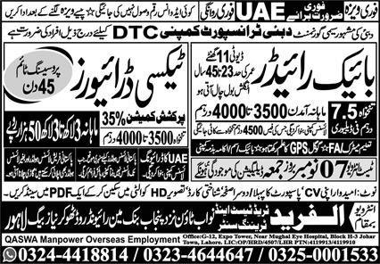 Taxi Driver & Bike Rider Jobs 2025 In UAE – Al Fareed Trade Test and Technical Training Center Jobs 2025 — original advertisement