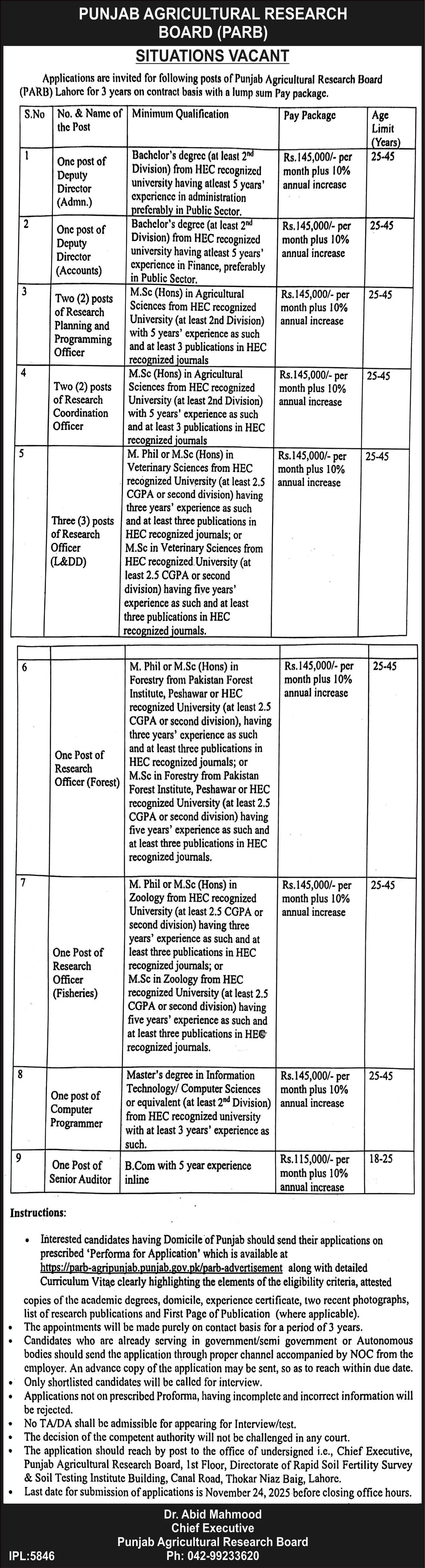 Punjab Agricultural Research Board Lahore Jobs 2025 – Punjab Agriculture Research Board (PARB) Jobs 2025 — original advertisement