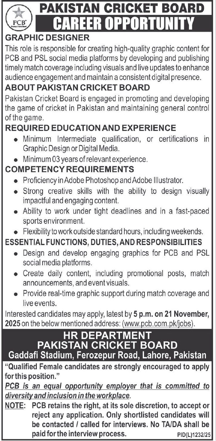 Pakistan Cricket Board PCB Lahore Jobs 2025 – Pakistan Cricket Board (PCB) Jobs 2025 — original advertisement