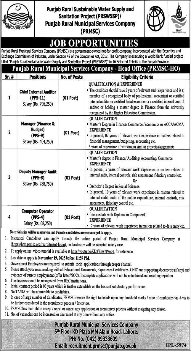 Punjab Rural Sustainable Water Supply PRSWSSP Jobs 2025 – Punjab Rural Municipal Services Company PRMSC Jobs 2025 — original advertisement