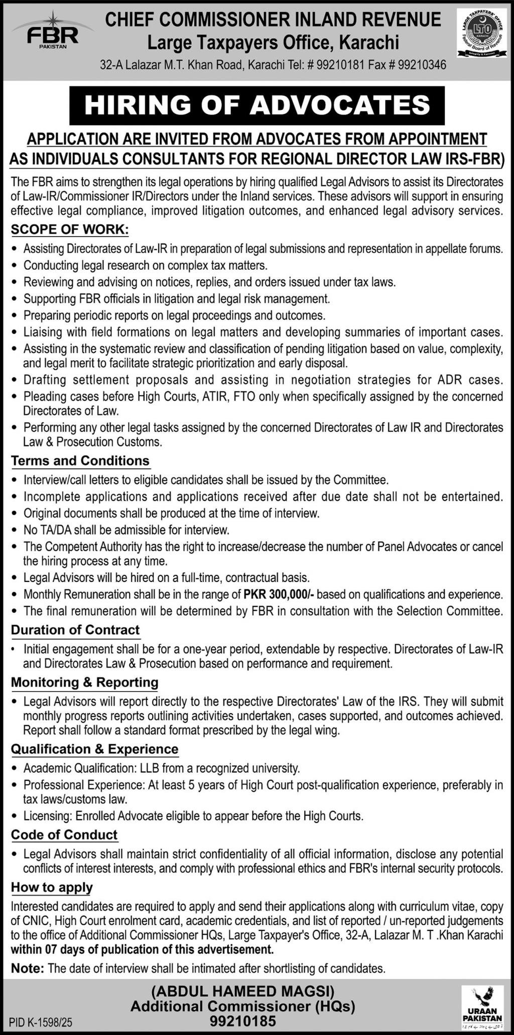 FBR Chief Commissioner Inland Revenue Karachi Jobs 2025 – Federal Board of Revenue Jobs 2025 — original advertisement