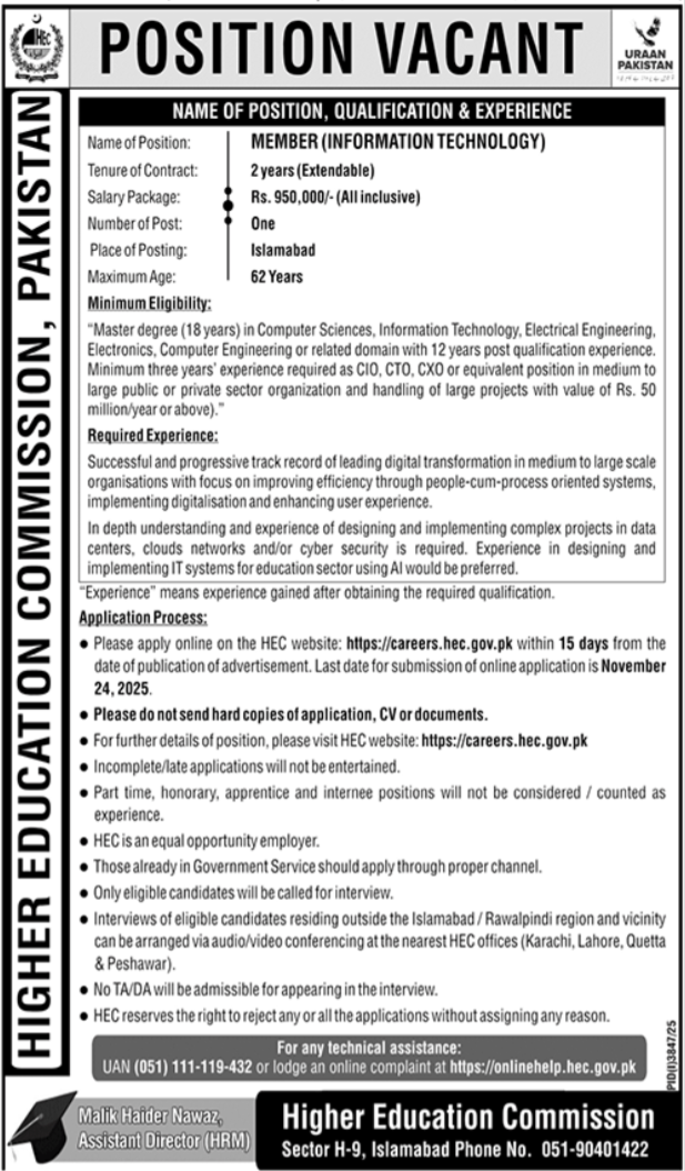 Higher Education Commission HEC Islamabad Job 2025 – Higher Education Commission Islamabad Jobs 2025 — original advertisement