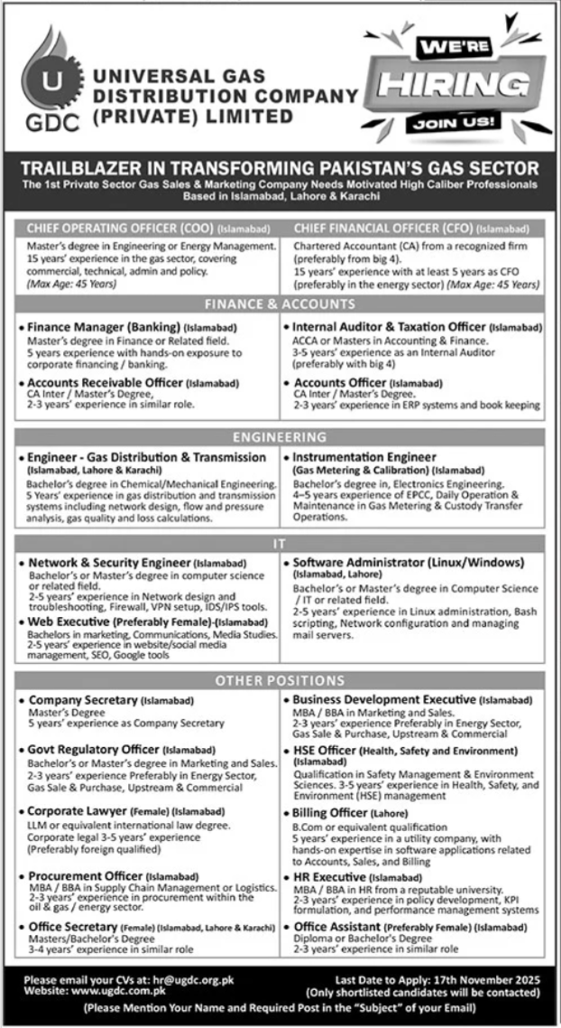 Universal Gas Distribution Company UGDC Islamabad Jobs 2025 – Private Company Jobs 2025 — original advertisement