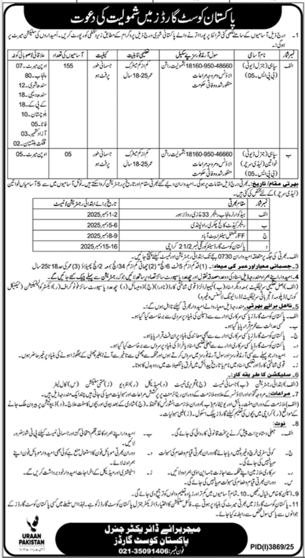 Join Pakistan Coast Guards Now As Sipahi 2025 Jobs 2025 — original advertisement