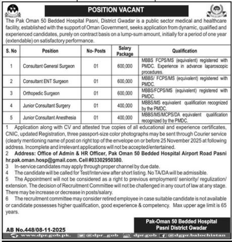 Pak Oman 50 Bedded Hospital Jobs 2025 – Pak Oman Hospital Pasni Balochistan Jobs 2025 — original advertisement