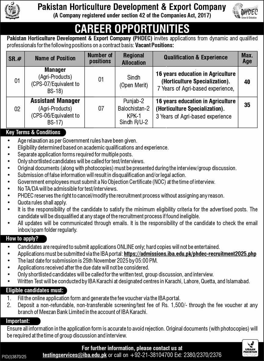 Pakistan Horticulture Development & Export Company Job 2025 – Public Sector Organization Jobs 2025 — original advertisement