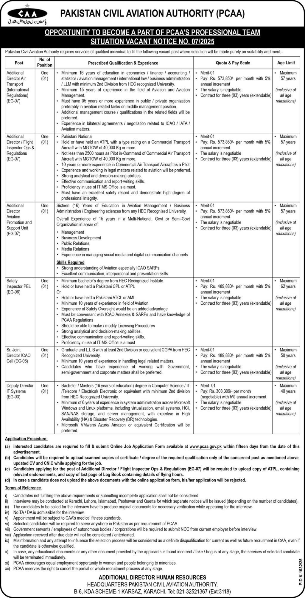 Pakistan Civil Aviation Authority PCAA Karachi Jobs 2025 – Pakistan Civil Aviation Authority (CAA) Jobs 2025 — original advertisement
