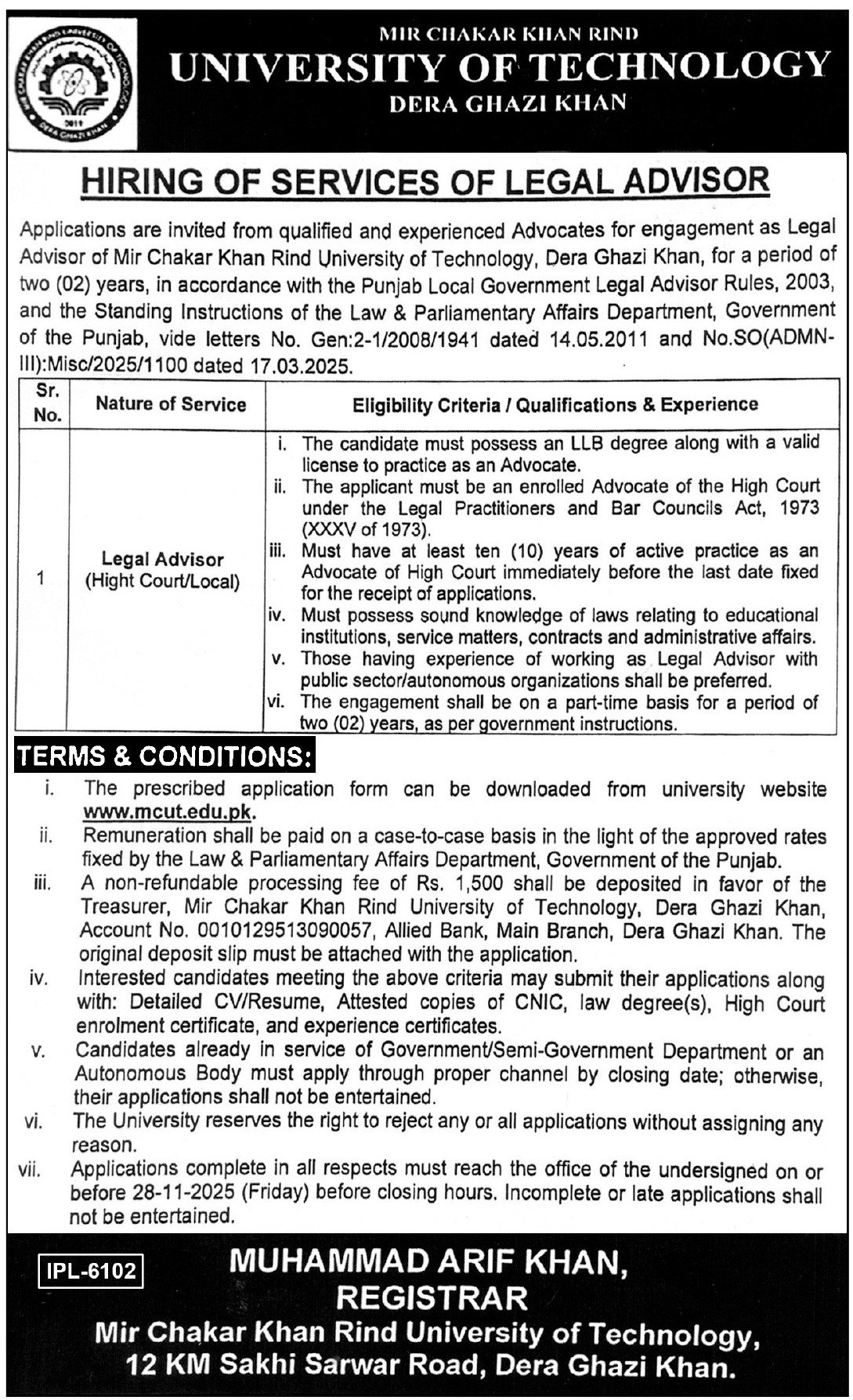 Mir Chakar Khan Rind University Of Technology MCUT Jobs 2025 – Mir Chakar Khan Rind University of Technology Dera Ghazi Khan Jobs 2025 — original advertisement
