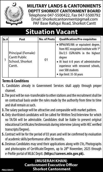 Cantt Public School Shorkot Cantt Jobs 2025 For Principal – Cant Public High School & Girls College Jobs 2025 — original advertisement