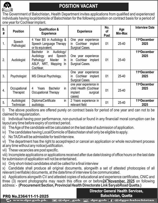 Director General Health Services DGHS Quetta Jobs 2025 – Health Department Balochsitan Jobs 2025 — original advertisement