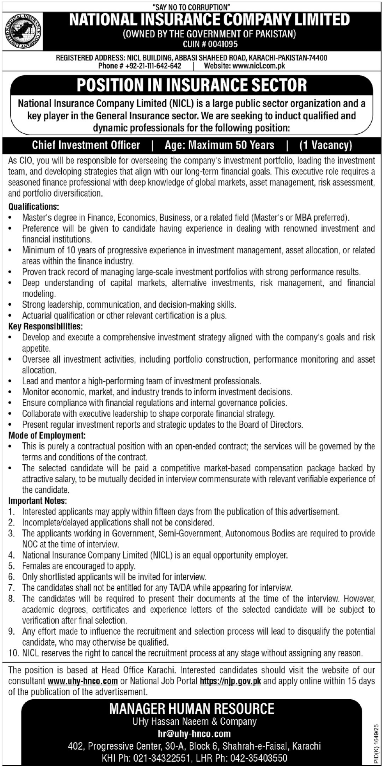 National Insurance Company Limited NICL Karachi Jobs 2025 Jobs 2025 — original advertisement