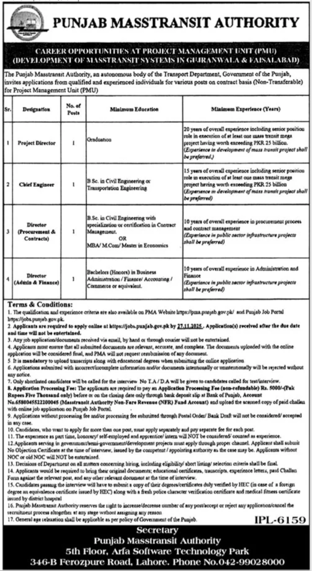 Punjab Masstransit Authority PMA Lahore Jobs 2025 Jobs 2025 — original advertisement