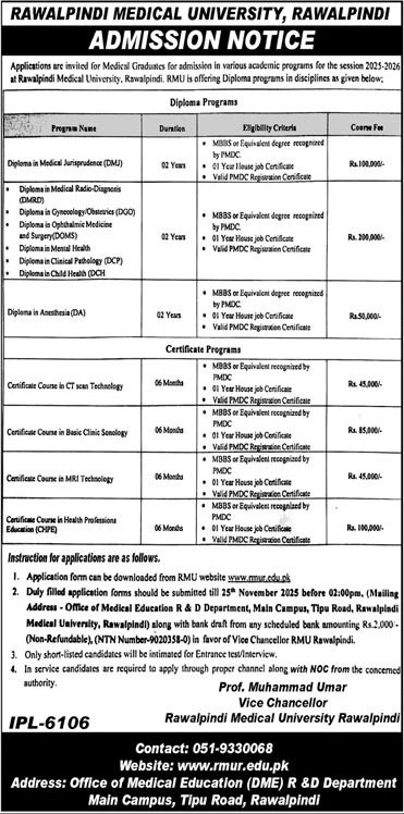 Admission Open in Rawalpindi Medical University Rawalpindi – Rawalpindi Medical University Punajb Admissions 2025 — original advertisement