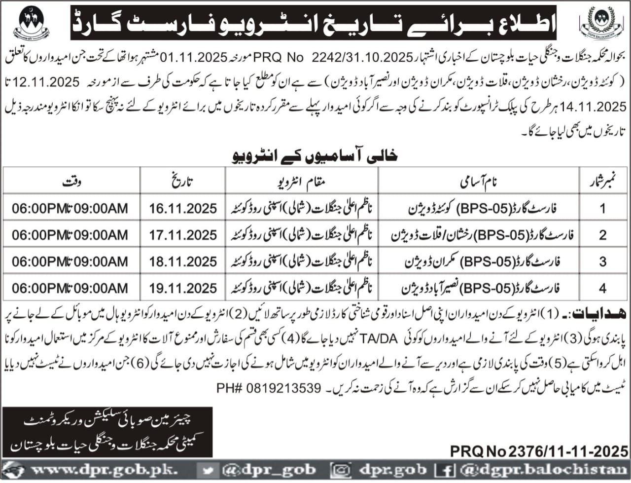 Forest Department Balochistan Forest Guard Jobs Interview 2025 – Forest and Wildlife Department Balochsitan Jobs 2025 — original advertisement