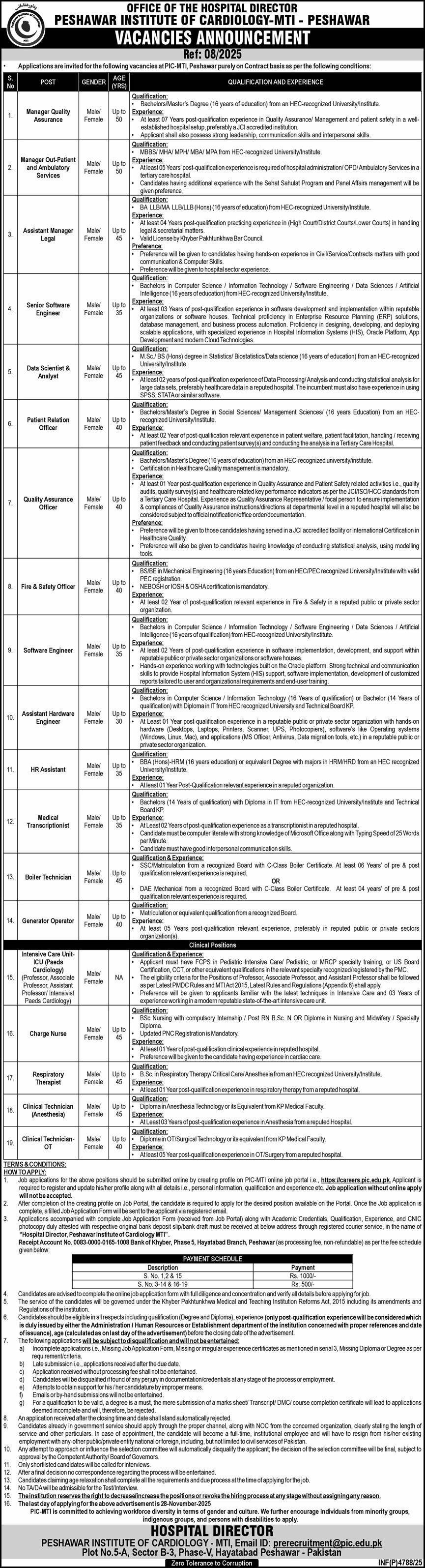Peshawar Institute Of Cardiology PIC MTI Peshawar Jobs 2025 Jobs 2025 — original advertisement