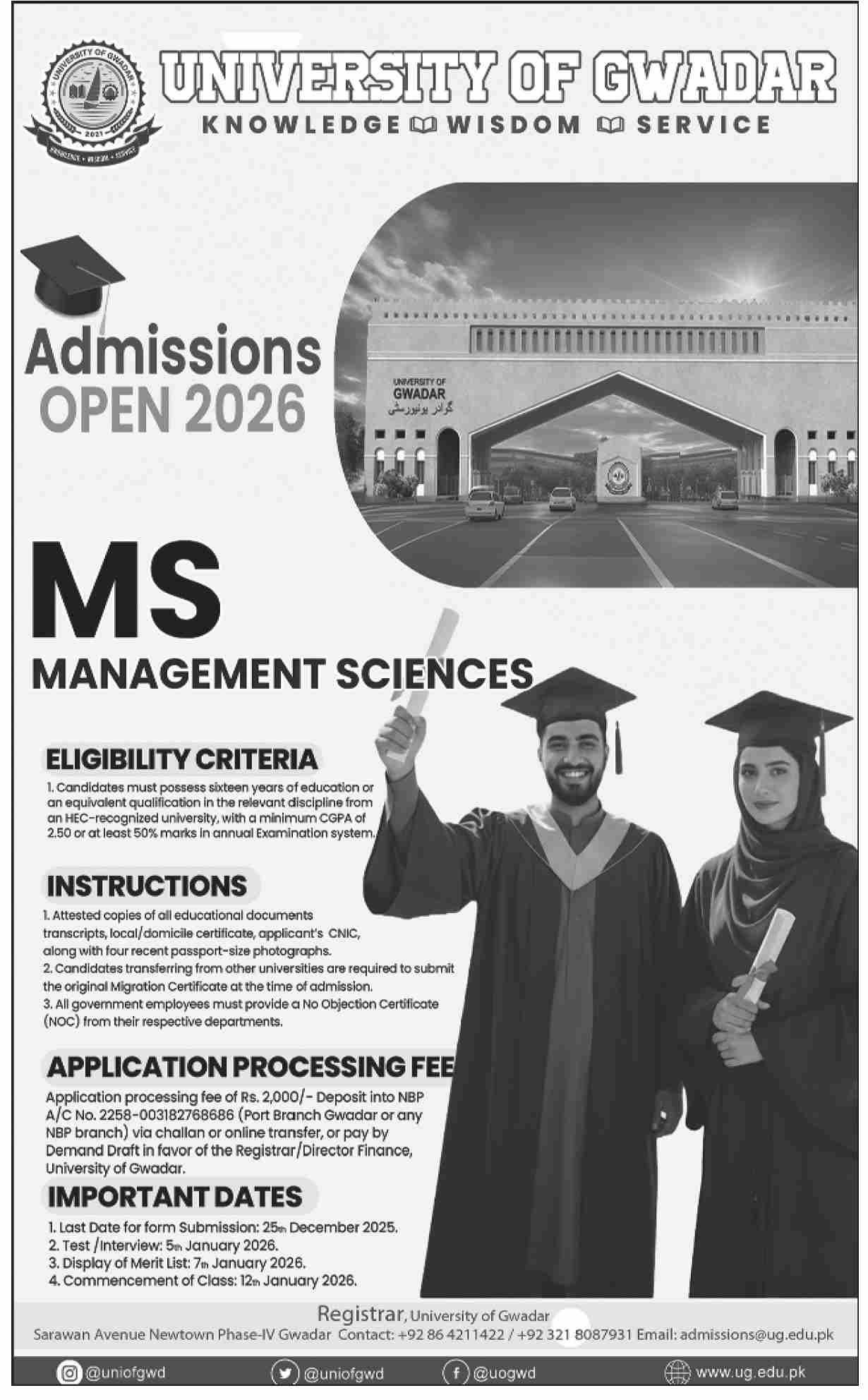 Admission Open in University of Gwadar Balochistan 2025 Admissions 2025 — original advertisement
