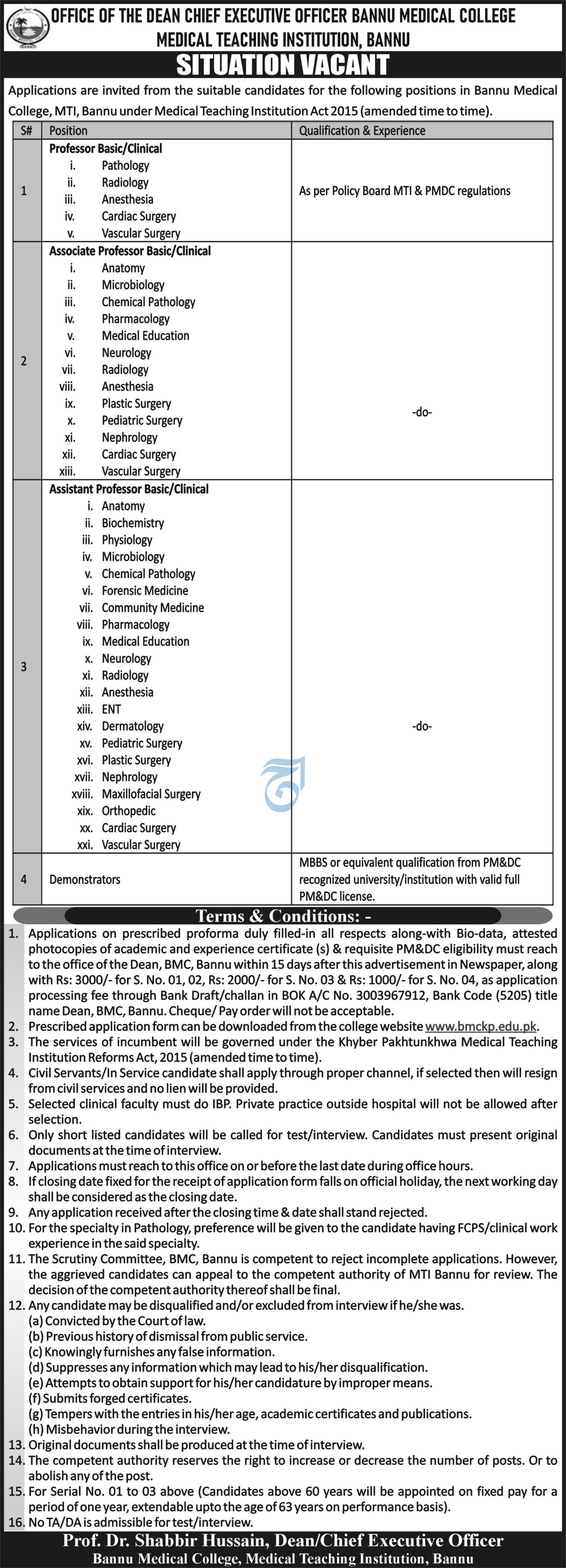 Bannu Medical College Jobs 2025 – Medical Teaching Institution Bannu Jobs 2025 — original advertisement