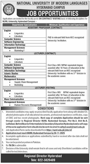 NUML University Hyderabad Campus Visiting Faculty Jobs 2025 – National University of Modern Languages Islamabad Jobs 2025 — original advertisement